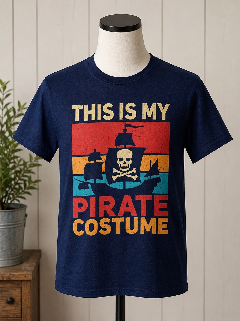 Gildan Navy Pirate Costume Graphic Tee with Red, Yellow, Teal Accents